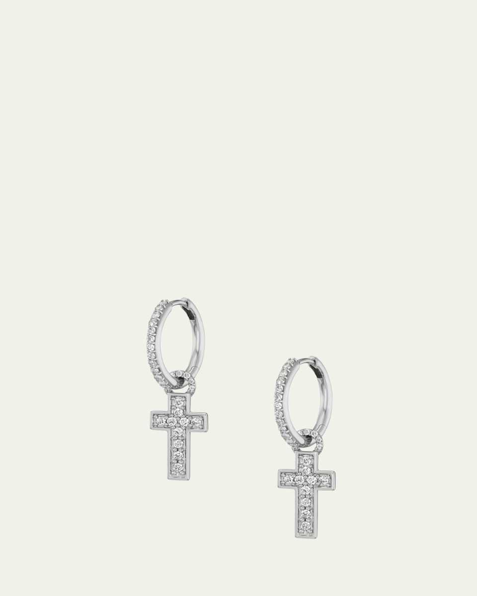 Sterling Silver Diamond Cross Charm Huggie Earrings